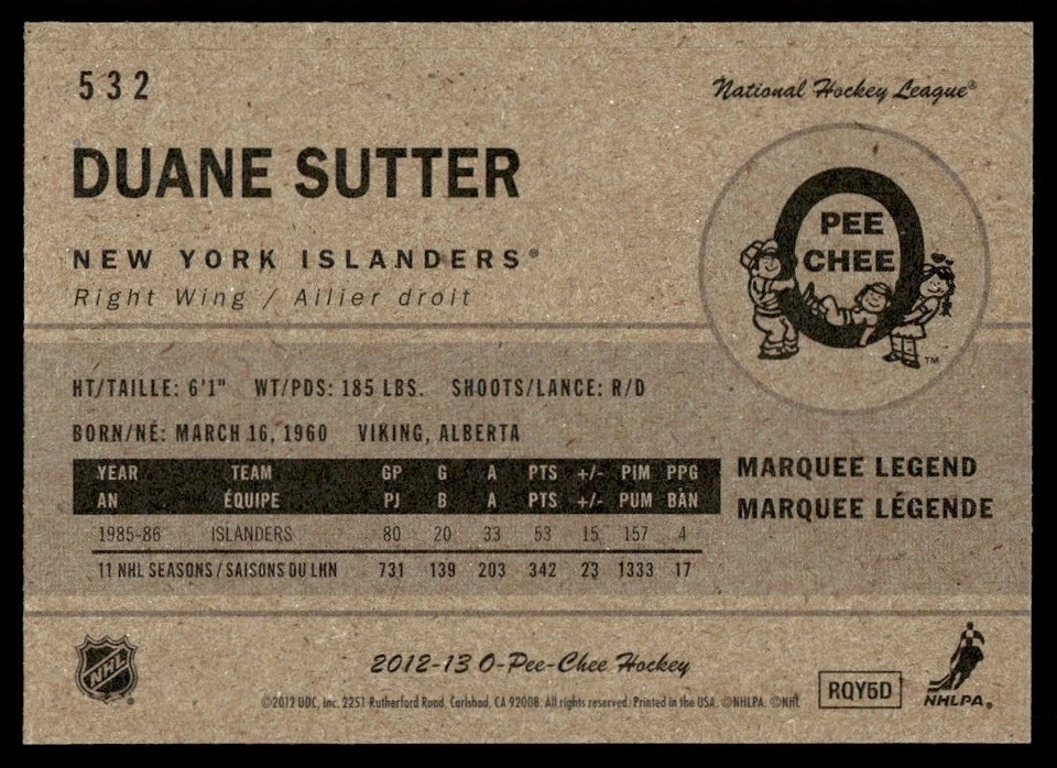 2012-13 O-Pee-Chee Retro Duane Sutter New York Islanders #532 - Image 2 of 2