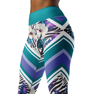 Zebra Floral Leggings - Purple Teal Colorblock Geometric High Waist Yoga Pants