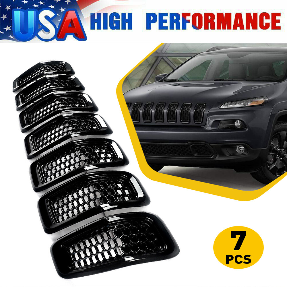 Gloss Black Grille Front Mesh Honeycomb Inserts 7pcs for Jeep Cherokee 2014-2018