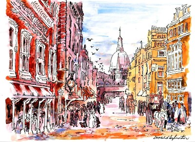 London's Old Fleet Street, Old England (Signed Matted Watercolor Art Print)