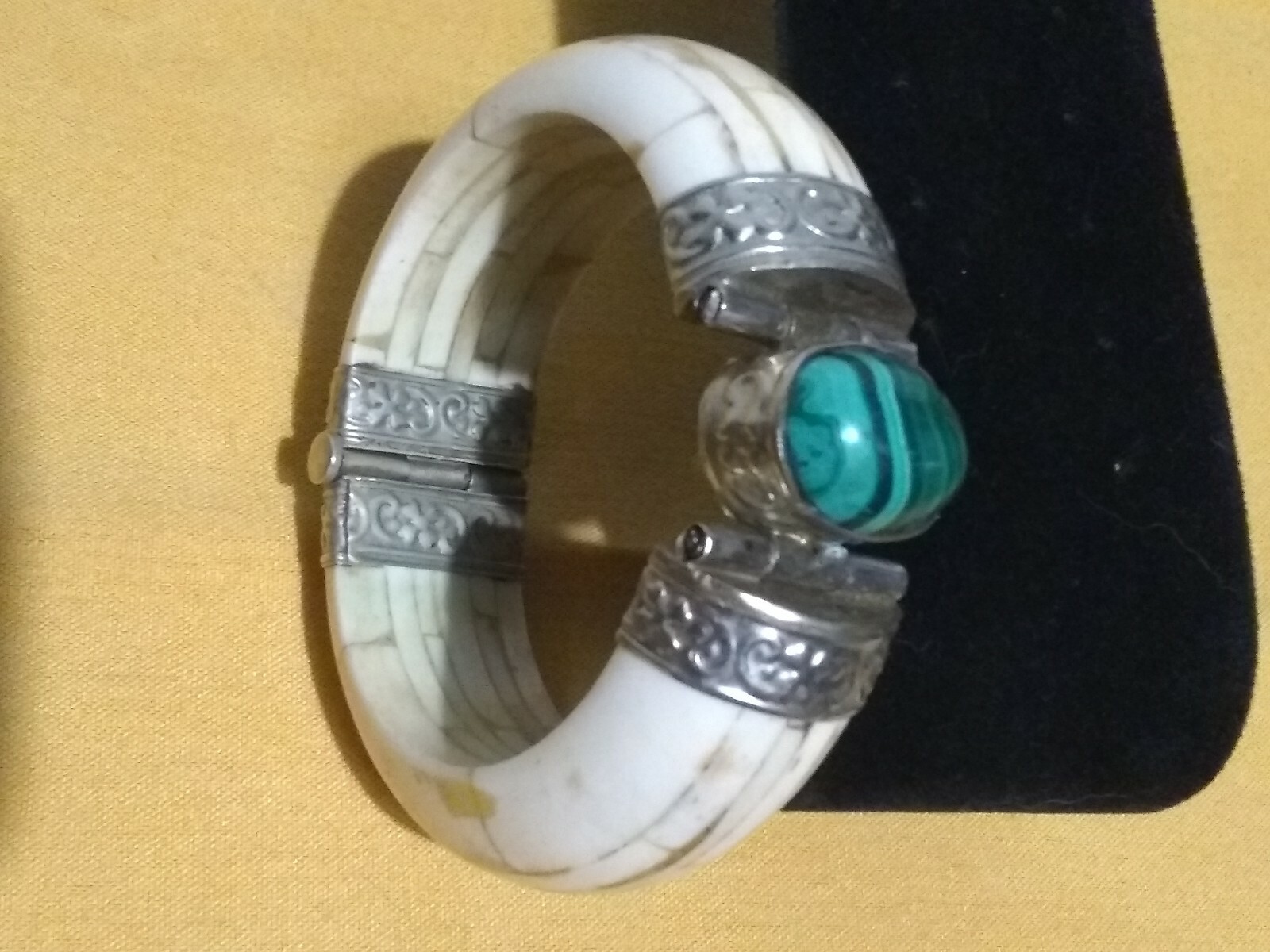 Middle Eastern Silver Malachite Stone Hinge Brace… - image 1