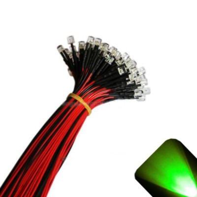 5 x 12v 3mm Flat Top Pre Wired Pure Green LED Wide Angle 9v 14v 15v Prewired
