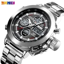 SKMEI Men Watch Dual Time Digital Wristwatch Male Steel Shockproof Sport Watches