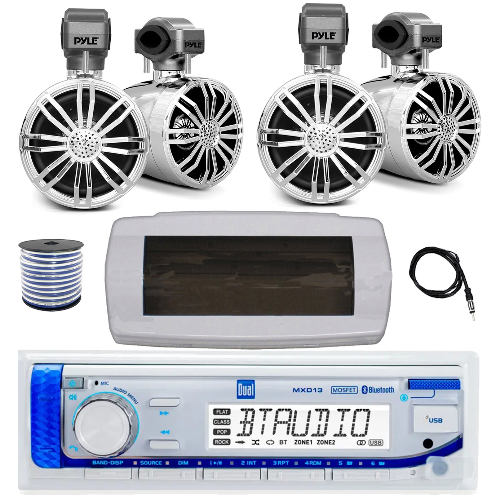 Dual Bluetooth Marine Stereo with Cover, Antenna, Wire & 4x 20W Chrome Speakers