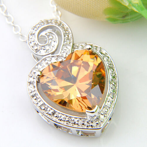 Heart Champange Color Natural Morganite Gemstone Silver Necklace Pendants 1" - Picture 1 of 6