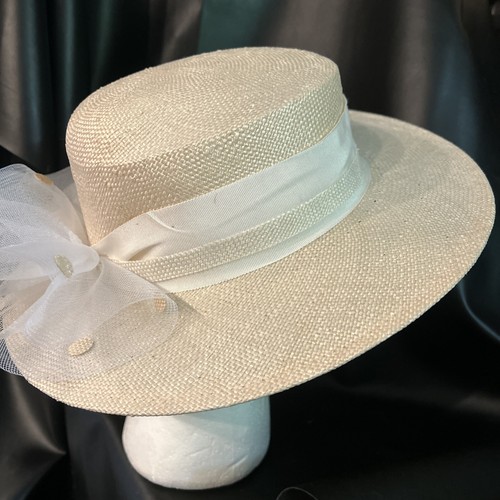 Cream Panama Straw Hat Sun Polka Dot Tulle White Ribbon Accent Beach Summer Sz M - Picture 5 of 10
