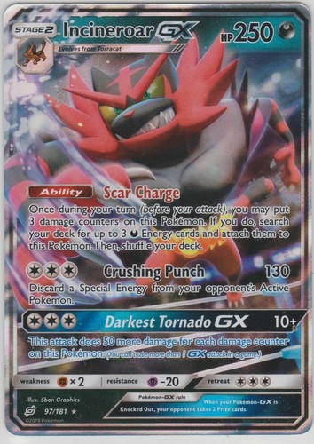 ULTRA RARE Incineroar GX 97/181 Holographic Pokemon TCG SM Team Up Holo Foil- LP