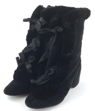 Antique Womens Ladies Victorian Boots Shoes Black Velvet Fur Winter High Heel