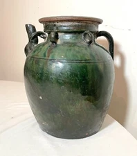 antique handmade Chinese 18th century pottery terracotta green glaze wine jug 