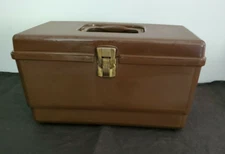 Wil-Hold Brown Plastic Sewing Box with Tray and VTG Sewing Notions