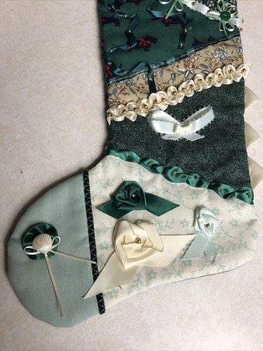 Christmas Stockings Set Embellished Buttons Bows Lace Beads Green 16” NEW - Picture 3 of 12