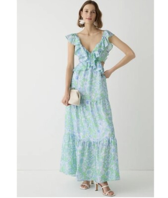 J Crew Collection Ruffle Silk Maxi Dress Cutout Floral Sz 4 NEW Wedding Resort