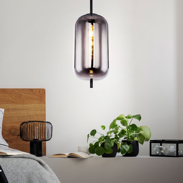 Pendellampe Pendelleuchte HäNgelampe HäNgeleuchte Rauchglas Schwarz E27 H 120Cm-image