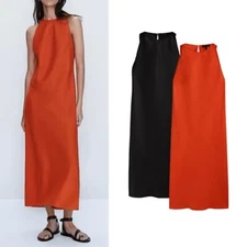 Massimo Dutti Women's Fitted Linen Halter Slit Long Dress Little Black Dress