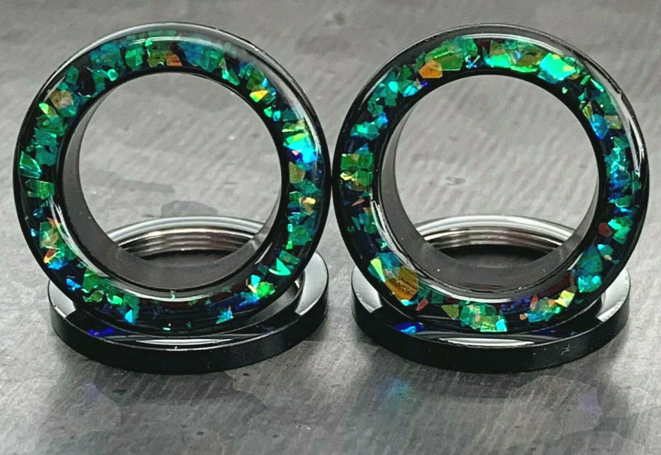 PAIR Green Opal Glitter Rim Screw Fit Tunnels Ear Plugs Earlet Rimmed Gauges - Image 2 of 4