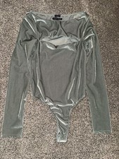 Out From Under Urban Outfitters Green Velvet Ribbed Cutout Long Sleeve Bodysuit