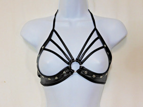 Cupless Faux Leather Bra S / M Open Cup Sexy Lingerie Bold Studded Cage Black