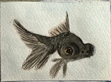 ACEO watercolor original miniature painting Big Eyes Fish Niftythingz