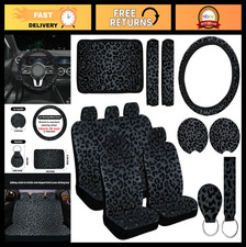 15 Pcs Black Leopard Print Car Accessories Set - Steering Wheel Cover Armrest P