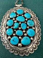 VTG NAVAJO SIGNED TOMMY MOORE TURQUOISE STERLING PENDANT  BROOCH W CHAIN OVER 3”