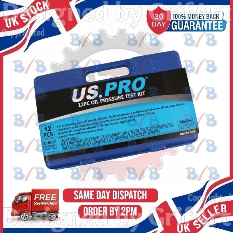 US PRO TOOLS 12PC AUTOMOTIVE ENGINE OIL PRESSURE GAUGE TESTER TEST KIT PUMP SET