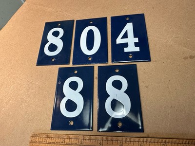 5 Vintage Enamel Porcelain Signs Numbers 0 4 & 8 Numerals 2 3/8 X 4  Each