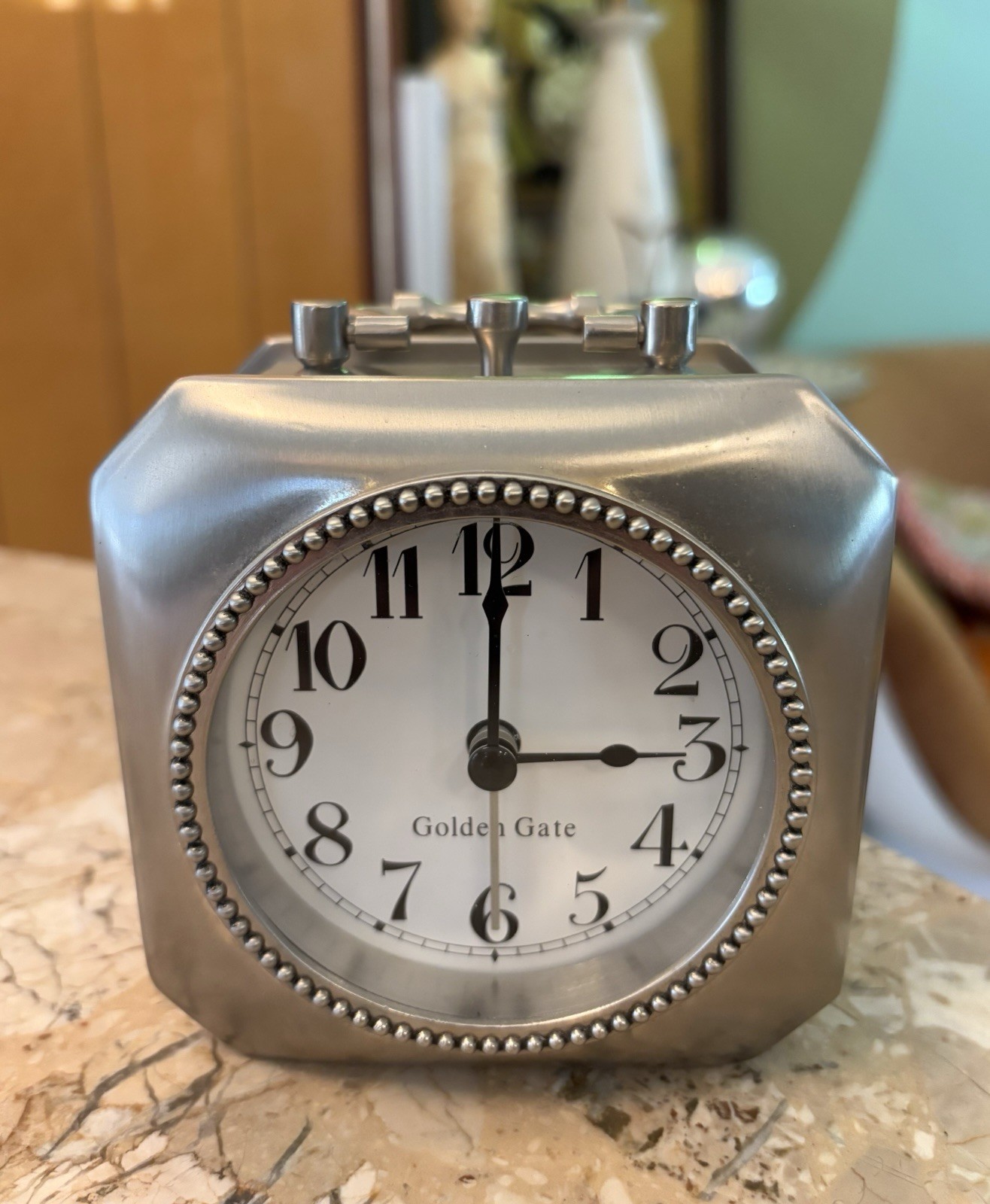 Pottery Barn Golden Gate Square Carriage Alarm Clock Brushed Nickel