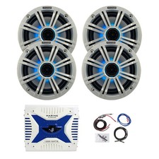 4x Kicker 6.5" 195W Marine LED Speakers, White Grille, Bluetooth Amplifier w/Kit