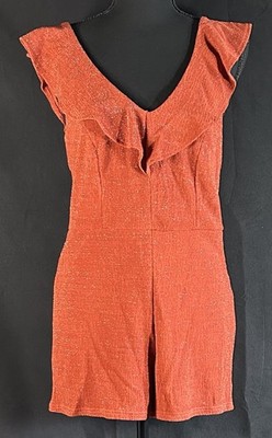 She + Sky Womens Red Shimmer Romper Large V Neck Open Back Party