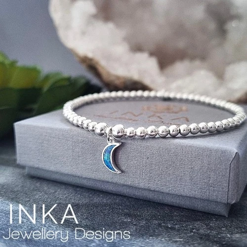 925 Sterling Silver stretch beaded Stacking Bracelet with Blue Moon charm INKA