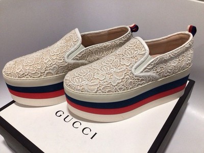 GUCCI Ladies FLORAL LACE OVER LEATHER PEGGY PLATFORM SHOES (READ DESCRIPTION)
