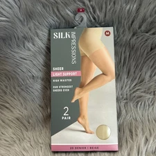 Silk Impressions Sheer Light Support Tights Women Size Medium Beige High Waisted