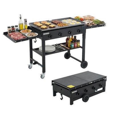 36'' Flat Top Grill, 4-Burner Propane Gas Griddle Grill w/Wheels&Foldable Shelves