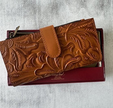 Patricia Nash NAZARI Leather Bifold Wallet Tooled Card Case Floral Cognac