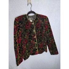 Vintage 90s R K Evening Floral VelvetJacket 8 Black Red Rose Tapestry Whimsigoth