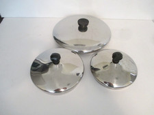 3 VINTAGE FARBERWARE PAN POT LIDS RANGE APPROX 9"+6"+5" STAINLESS STEEL USED
