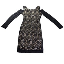 Mystic Black Lace Cold Shoulder Bodycon Dress Large Womens Mini Long Sleeve