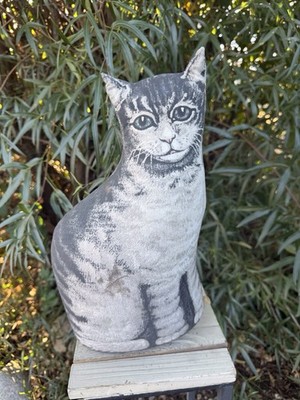 Vtg Handmade Weighted Cat Gray Striped Sew And Stuff Printed Door Stop 14 H