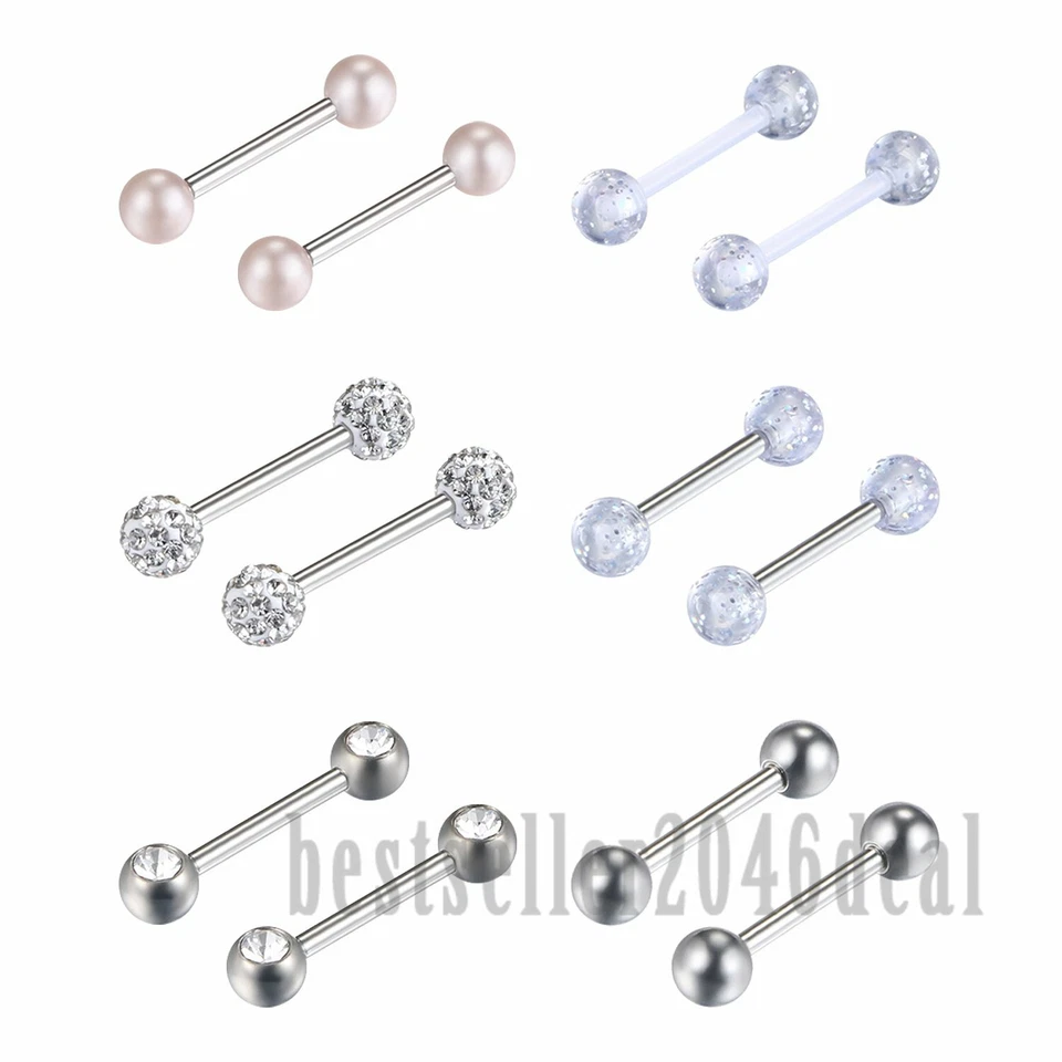 12件装手术钢杠铃舌环乳头环身体穿孔首饰14G — 第 2/4 张图片