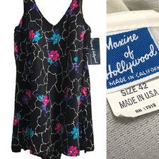 Vintage Maxine of Hollywood Swimsuit Swim Dress Women's Size 42 Black Floral NOS