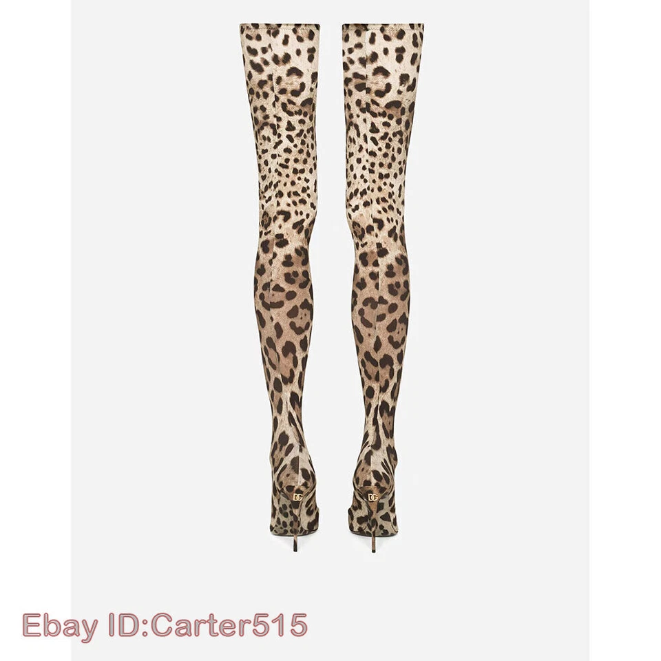 Botas elásticas hasta la rodilla con punta en punta para mujer tacón de aguja estampado de leopardo Foto 4 de 4