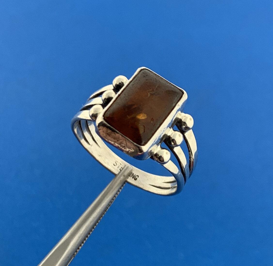 925 Sterling Silver Amber Rectangle Cabochon Cock… - image 2
