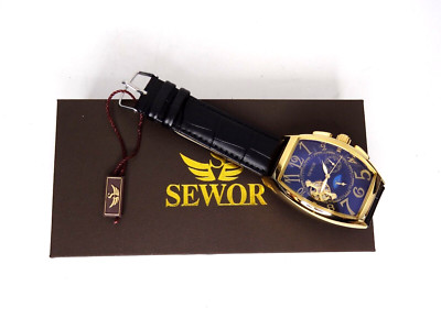 SEWOR Skeleton Watch Mechanical Automatic Self-Wind Leather Bracelet Moon Phase