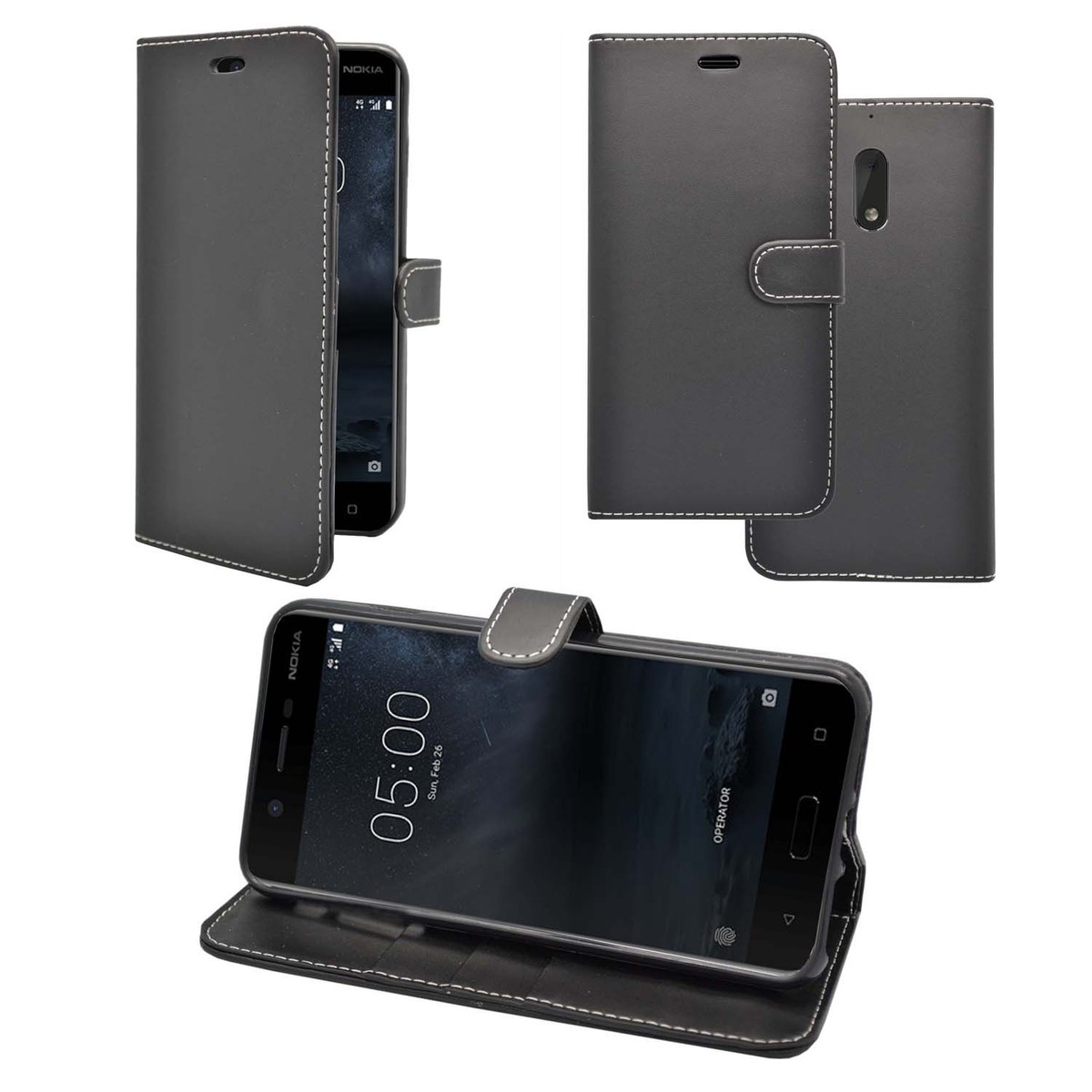 Lederhülle Für Nokia 8 Mit Standfunktion & Kartenfach – Magnetischer Verschluss – Schwarzes PU-Leder