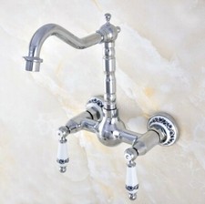 Polished Chrome Ceramic Handles Wall Mount Sink Faucet Bath Basin Mixer Tap
