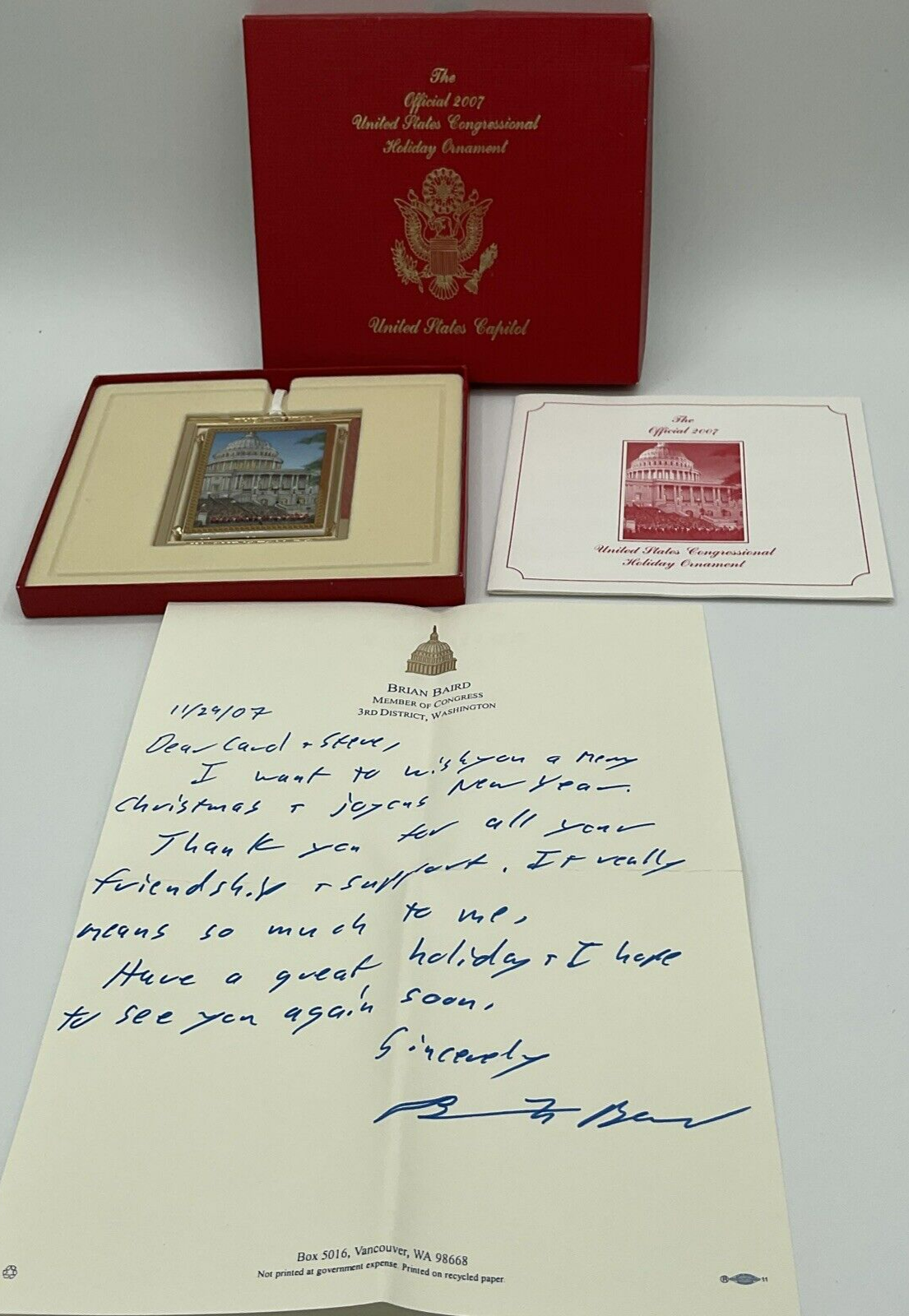 Official 2007 US Congressional Ornament Letter Signed by Brian Baird ...