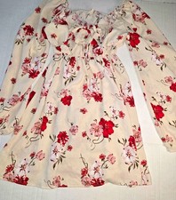 Free For All Floral Mini Dress Womens Long Sleeve Cream Red Smocked Boho
