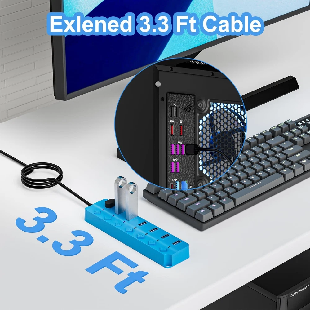 7-Port USB 3.0 Hub with Individual On/Off Switches & LED Lights