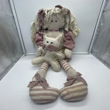 Vintage Antique Handmade Country Rag Doll 24" Girl With Cat
