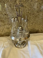 Antique Meridan Cruet Set Silverplate Etched Crystal 5 Bottles & Caddy Art Nouv.